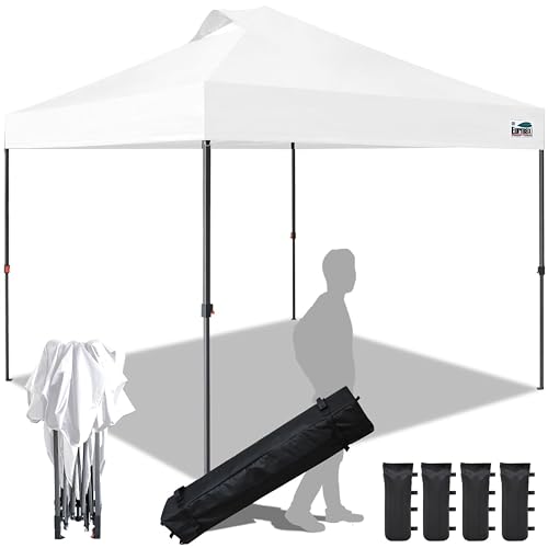 Eurmax USA NOMATTER ONE-Person Open&Close 10x10ft Pop Up Canopy Tent，Portable Shelter Canopy for Outdoor Events，Instant Canopies, Temporary Sunshade,Bonus 4 Sand Bags(White)