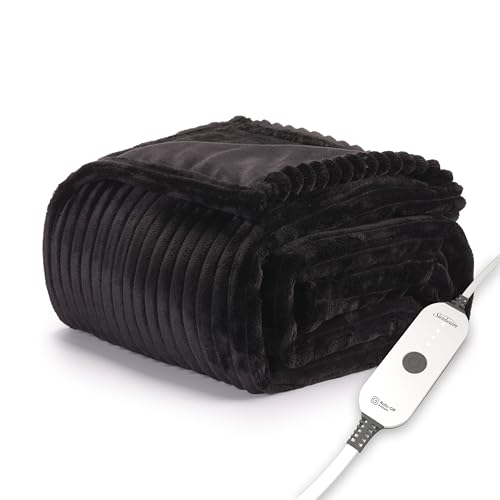 Sunbeam Electric Throw Royal Posh Velvet Heated Blanket,4 Heat Settings, 4-Hour Auto Shut-Off, Fast Heating, Lush, Silky, and Ultra Comfy, Ribbed Ebony Color, 50" x 60"