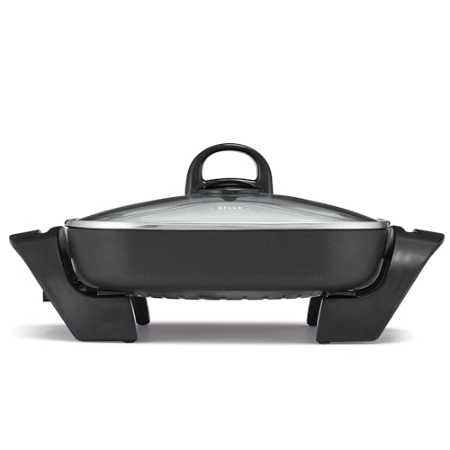 bella Electric Skillet and Frying Pan with Glass Lid, Nonstick Coating, Cool Touch Handles, Removable Heating Probe, Dishwasher Safe, 12 x 12 inch, Black, PFOA & PTFE Free