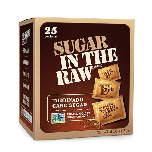 Sugar In The Raw Turbinado Cane Sugar Packets, 25 Ct, Pure, All-Natural Turbinado Sugar, Non-GMO Project Verified, Kosher, Vegan and Gluten Free