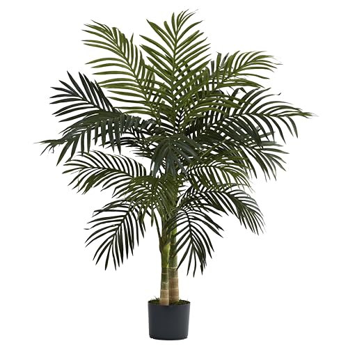 Nearly Natural 4ft Golden Cane Palm, Double Stalk Artificial Tree With Lush Realistic Foliage Maintenance Free Indoor Fa