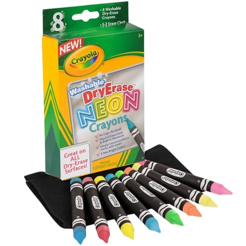 Crayola, Dry-Erase Neon Crayons, Art Tools, 8 Count, Washable, Perfect for Classroom Art Activities, Includes Sharpener and Erase Cloth