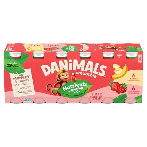 Danimals Smoothie Strawberry and Banana Dairy Drink Multi-Pack, Creamy and Delicious Low Fat Snacks for Kids, 12 Ct, 3.1 oz Smoothie Bottles​​
