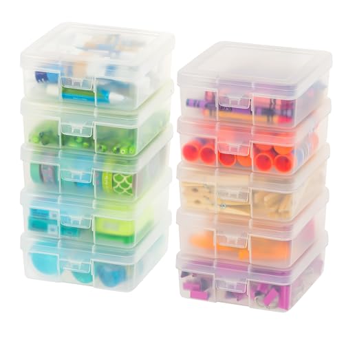 IRIS USA Pencil Case Plastic Pouch Box Storage Organizer for Beads, Pens, and Art Supplies, 10-Pack, Stackable Container with Snap Lid for Jewelry, Stickers, and Tackle Box, Clear, Small