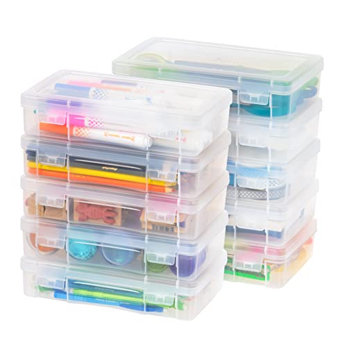 IRIS USA Pencil Case Plastic Pouch Box Storage Organizer for Beads, Pens, and Art Supplies, 10-Pack, Stackable Container with Snap Lid for Jewelry, Stickers, and Tackle Box, Clear, Medium