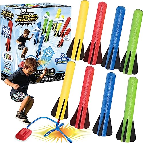 Stomp Rocket Jr Multi-Color Rocket Launcher for Kids, 8 Rockets - Fun Outdoor Kids Gifts for Boys & Girls - STEM Toy Foam Blaster Set Soars Up to 100 Feet - Ages 3 & Up