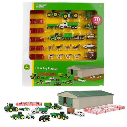 TOMY John Deere Die-Cast Farm Toys Playset - 1:64 Scale - Includes Farm Animals, Machine Shed, Toy Tractors, Toy Trucks, and Farm Tools - 70 Count - 8 Years and Up