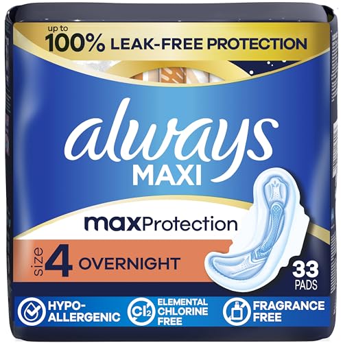 Always Maxi Overnight Pads with Wings for Women, Size 4, Overnight Absorbency, Unscented, 33 Count