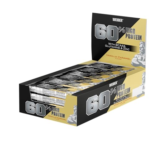 (-42%) Weider 60% Proteinriegel - Hochproteinhaltiger Riegel mit 27g Protein, wenig Zucker, BCAAs & Zink - Ideal für Muskelwachstum - 24er Pack - Vanilla-Caramel