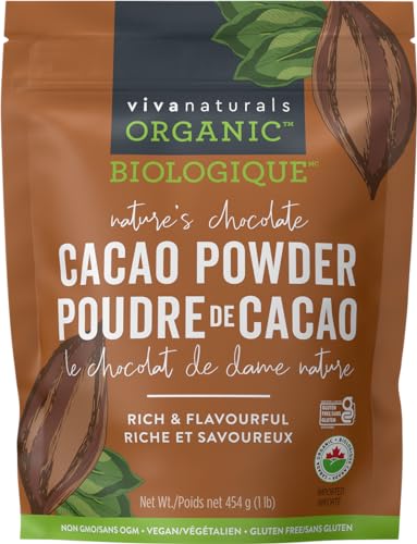 Viva Naturals Organic Cacao Powder, 1lb - Unsweetened Cacao Powder With Rich Dark Chocolate Flavor, Perfect for Baking & Smoothies, Non-GMO, Certified Vegan & Gluten-Free, 454 g