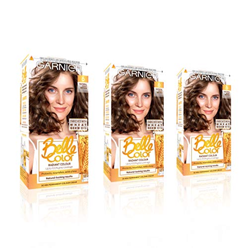 Garnier Belle Color Brown Hair Dye Permanent, Natural looking Hair Colour Up to 100 Percent grey coverage - 6 Light Brown, Pack of 3