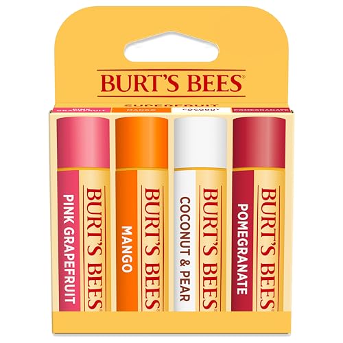 Burt's Bees Lip Balm - Pink Grapefruit, Mango, Coconut & Pear, and Pomegranate Pack, Lip Moisturizer With Beeswax, Tint-Free, Natural Origin Conditioning Treatment, 4 Tubes, 0.15 oz.