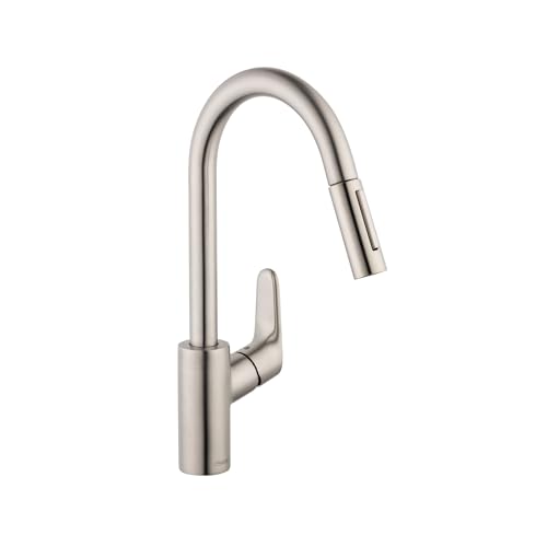 hansgrohe Focus Stainless Steel High Arc Kitchen Faucet, Kitchen Faucets with Pull Down Sprayer, Faucet for Kitchen Sink, Magnetic Docking Spray Head, Stainless Steel Optic 04505800, 1.75