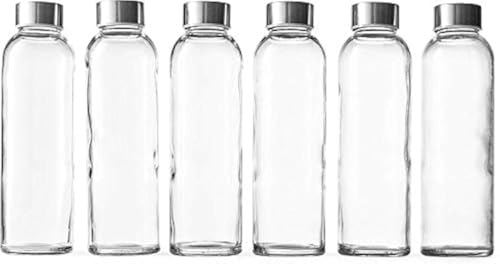 Epica Clear Glass Bottles with Lids, 18oz Resuable Glass Water Bottles for Juicing with Stainless Steel Cap to store Milk, Smoothie, etc., 100% Leak Proof, Durable and Dishwasher Safe (Set of 6)