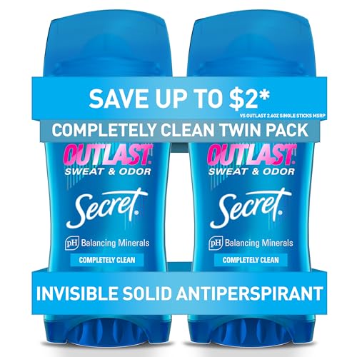 Secret Outlast Antiperspirant Deodorant for Women, 72hr Sweat & Odor Protection, PH Balancing Minerals, Invisible Solid, Completely Clean Scent, 2.6 oz (Pack of 2)