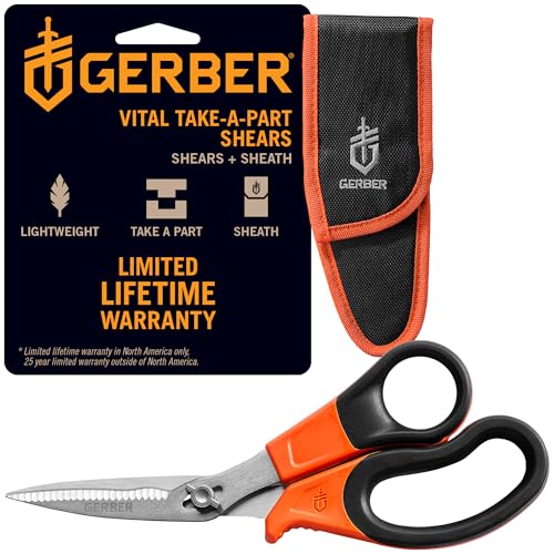 Gerber Vital Take-A-Part Poultry Shears, Hunting Shears for Small Animals, Serrated Blades & Visual Orange Rubber Handle, 5.5”, Orange