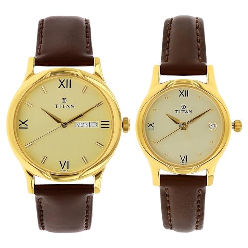 Bandhan Quartz Analog With Day & Date Champagne Dial Brown Leather Strap Couple Watch - NT15802490YL05