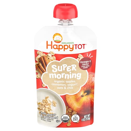 Happy Tot Organics Stage 4 Baby Food Pouches, Gluten Free, Super Morning Fruit & Oat Blend, Apple Cinnamon, Yogurt, Oats & Chia, 4 Oz (Pack of 1)