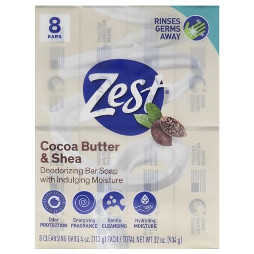 Zest Bar Soap - 8 Bars - Enriched With Cocoa Butter And Shea for Ultra Moisturizing Cleansing - Leaves Your Body Feeling Silky Smooth And Deeply Moisturized