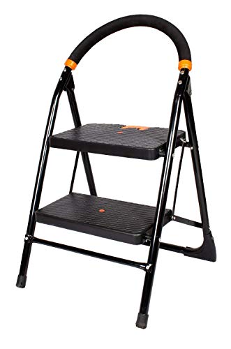 CIPLA PLAST 2 Step Ladder for Home use | Heavy Duty Alloy Steel Foldable Step Ladder with Anti Skid Shoes and Extra Strong Wide Steps Milano 2 Steps | GEC-L2M (Black)