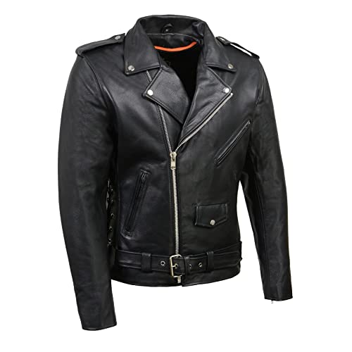 Milwaukee Leather SH1011 Men's Classic Brando Premium Leather Black Motorcycle Riders Leather Jacket w/Side Laces - Large