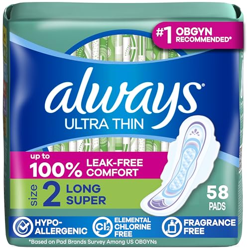 Always Ultra Thin Pads with Wings, Size 2, Long Super, 58 Count