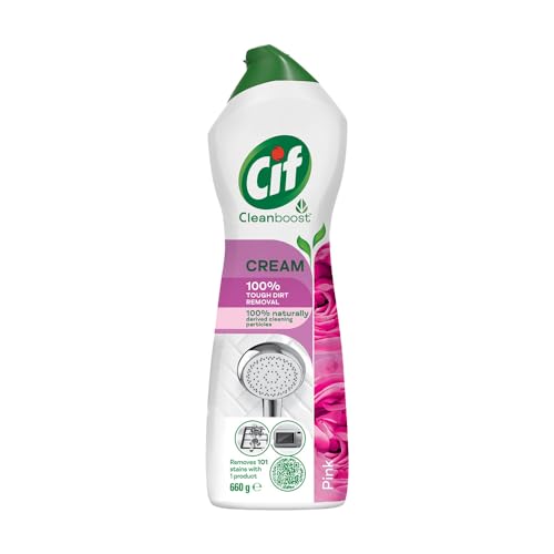 CIF Pink Floral Cream Multipurpose Surface Cleaner for Tough Stains, Floral Scent, Suitable for Bathtub, Chimney, Gas Stove, Tiles & Sink, 500ml