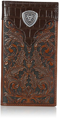 Ariat Men's Leather Rodeo Wallet - Oak Embossed with Alligator Print Top & Brand Concho