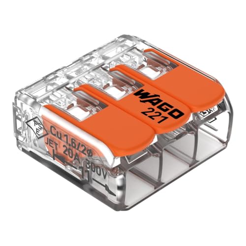 (-25%) WAGO Verbindungsklemmen 221-413 | 3 Leiter, bis 4 mm², 50 Stück, COMPACT Kabelverbinder mit Hebel für alle Leiterarten weltweit, bestätigte Anwendungssicherheit