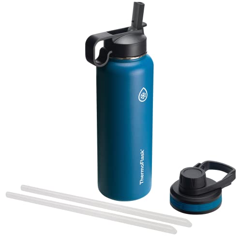 ThermoFlask 40 oz Double Wall Vacuum Insulated Stainless Steel Water Bottle with Spout and Straw Lids, Cobalt