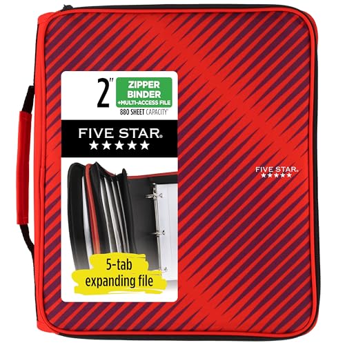 Five Star Zipper Binder, 2 Inch 3-Ring Binder with Round Rings, 5-Tab Expanding File, 380 Sheet Capacity, Fire Red (72538)