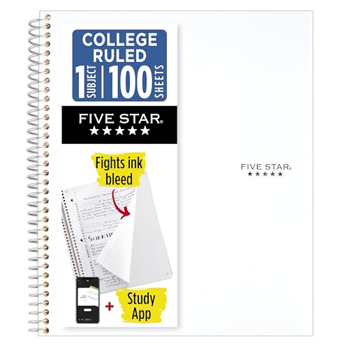 Five Star Spiral Notebook + Study App, 1 Subject, College Ruled Paper, 8-1/2" x 11", 100 Sheets, Fights Ink Bleed, Water Resistant Cover, White (72456)