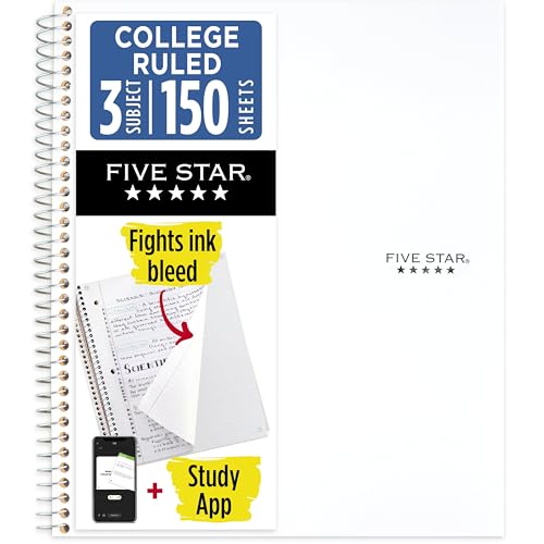 Five Star Spiral Notebook + Study App, 3 Subject, College Ruled Paper, Fights Ink Bleed, Water Resistant Cover, 8-1/2" x 11", 150 Sheets, White (72464)
