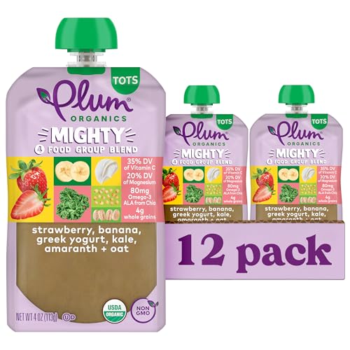 Plum Organics Mighty 4 Organic Toddler Food - Strawberry, Banana, Greek Yogurt, Kale, Amaranth, and Oat - 4 oz Pouch (Pack of 12) - Organic Fruit and Vegetable Toddler Food Pouch