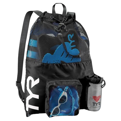 TYR Big Mesh Mummy Backpack for Swim, Gym and Workout Gear, Black, 40-Liter Capacity