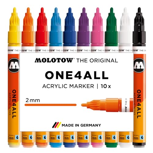 Molotow One4All 127HS Acryl Marker Basic-Set 1 (2,0 mm Strichstärke, hochdeckend und permanent, UV-beständig, für fast alle Untergründe) 10 Stück sortiert