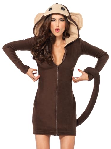 Leg Avenue Cozy Monkey Hooded Fleece Dress with Tail-Cute Halloween Costume Onesie for Women, Brown, Large