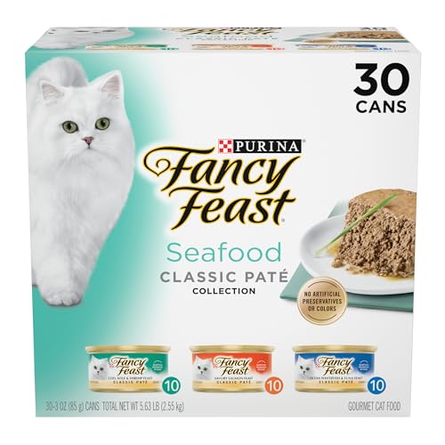 Purina Fancy Feast Seafood Classic Pate Collection Grain Free Wet Cat Food Variety Pack - (Pack of 30) 3 oz. Cans