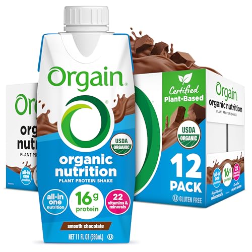 Orgain Organic Nutritional Vegan Protein Shake, Smooth Chocolate - 16g Plant Based Protein, Meal Replacement, 22 Vitamins & Minerals, Fruits & Vegetables, Gluten Free, Non-GMO, 11 Fl Oz (Pack of 12)