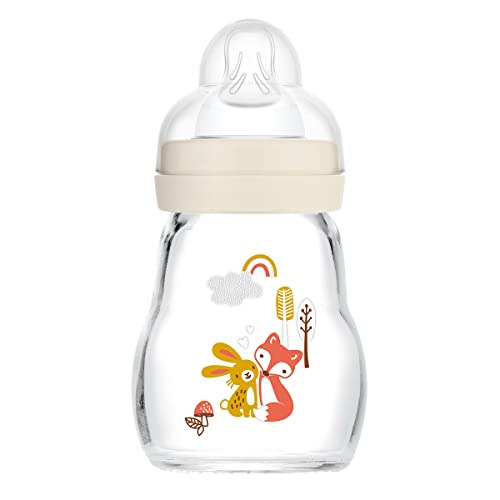 MAM Feel Good Glass Bottle | 1 Pack (1 x 170ml) | MAM Glass Bottle with Slow Flow Teat Size 1 | Baby Accessories for Newborn | Yellow (Various Designs)