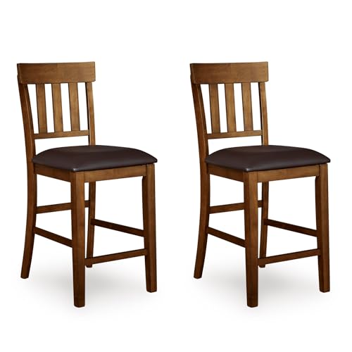 Signature Design by Ashley RaleHadd Ralene Traditional 26" Counter Height Faux Leather Seat Barstool, 2 Count, Brown, Light