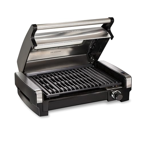 Hamilton Beach Electric Indoor Searing Grill with Viewing Window & Adjustable Temperature Control to 450F, 118 sq. in. Surface Serves 6, PFAS-Free Removable Nonstick Grate, Stainless Steel