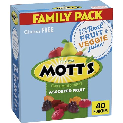 Mott's Assorted Fruit Snacks Family Pack, Halloween Candy Substitute Treats, Gluten Free Gummies, Made with Fruit & Veggie Juice, Good Source of Vitamin C, Gelatin Free, 40Ct. Individual Pouches, 32oz