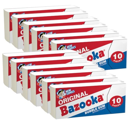 Bazooka Bubble Gum Bulk Individually Wrapped Original Pink Chewing Wallet Packs, 10 Piece Pack (12 Ct) Pink Gum w/ Bazooka Joe Comic Wrapper, Baseball Party Favors, Nostalgic 90s Candy