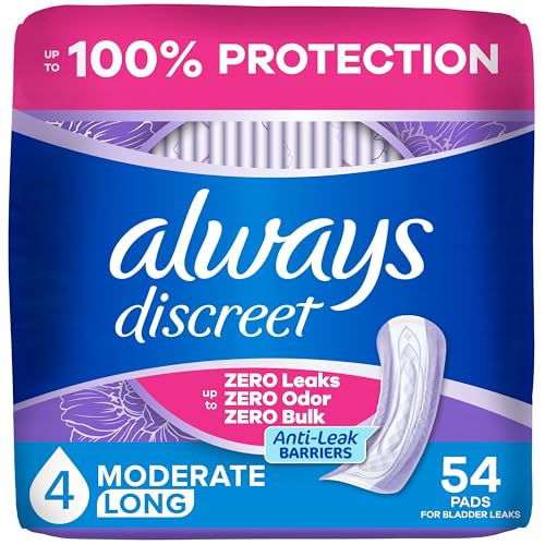 Always Discreet Adult Incontinence Pads for Women, Moderate Absorbency, Long Length, Postpartum Pads, 54 Count