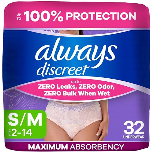 Always Discreet Adult Incontinence Underwear for Women and Postpartum Underwear, Small/Medium, Up to 100% Bladder Leak Protection, 32 Count