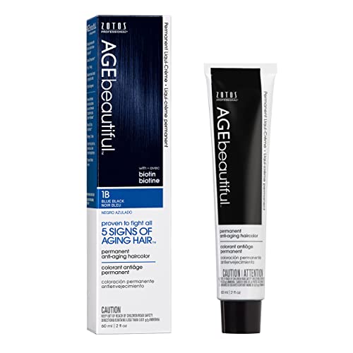 AGE beautiful Permanent Hair Color Dye Liqui Creme | 100% Gray Coverage | Anti-Aging Haircolor | Biotin for Thicker, Fuller Hair | Professional Salon Coloring | 1B Blue Black