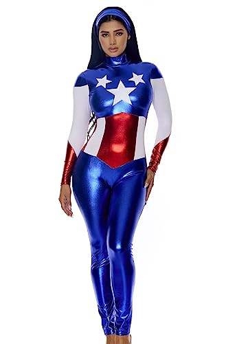 Forplay Women's Petite Star Spangled Hero Catsuit with Stripe Waist and Headband, Royal, Medium/Large