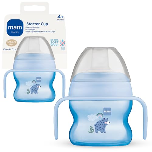 MAM Starter Cup (1 Count), MAM Sippy Cup, Drinking Cup with Extra-Soft Spill-Free Spout and Non-Slip Handles, for Boys 4+ Months, Five Ounces, Blue