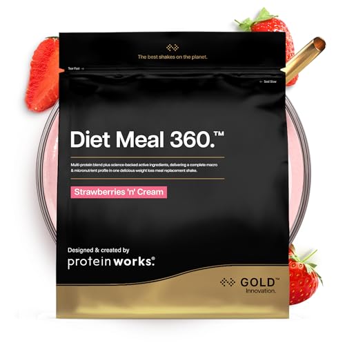 Protein Works | Diet Meal 360 - GOLD Innovation, Diet Meal Replacement Shake, Supports Weight Loss, 24 Vitamins & Minerals, Added Flaxseed, Inulin, Omega 3, Strawberries 'n' Cream, 7 Meals, 500g